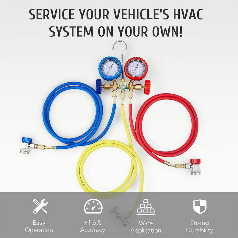 AC Gauges, AC Manifold Gauge Set for R134a R12 R22 R502, 3 Way Automotive AC Gauge Set with Antishock Gauges Hoses Couplers Adapter, Puncturing Can Tap Freon Recharge Kit