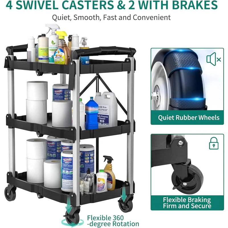 3-Tier Wheeled Portable Service Cart Low Duty Folding Utility Cart with Brakes for Kitchen-Made Plastic Tool Use