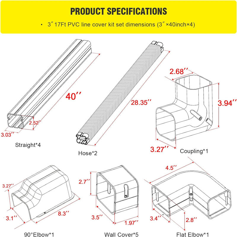 3inch W17Ft L PVC Decorative Line Set Cover Kit Mini Split line Set Cover Easy to Install, Paintable for Heat Pumps, White About this item