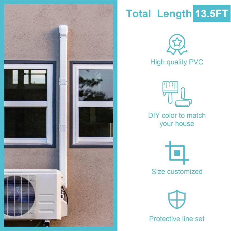 3” 13.5 Ft or 4 inch 13.5FT Mini Split Line Accessories Set Cover PVC Decorative Pipe Line Cover for Ductless Mini Air Conditioners and Heat Pumps with Flexible Duct