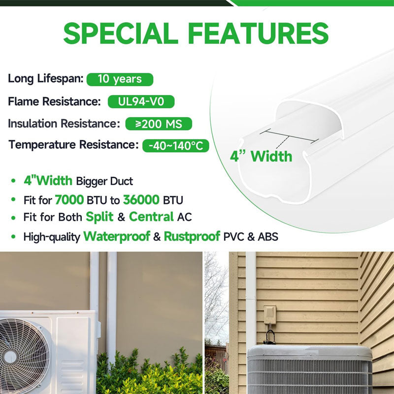 4” 11 Ft Mini Split Line Accessories Set Cover PVC & PP Line Cover Set Universal for Ductless Mini Air Conditioners and Heat Pumps with Flexible Duct