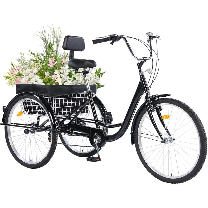 Adult Tricycle 26 Inch Tricycle 7-Speed Trike with Bell and Large Basket Folding Tricycle for Recreation, Shopping, Picnics, Adult Man and Women