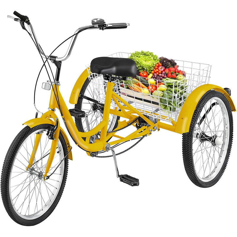 Yellow Adult Tricycle 24'' 1-Speed 3 Wheel Bikes with Bell Brake System and Basket Cruiser