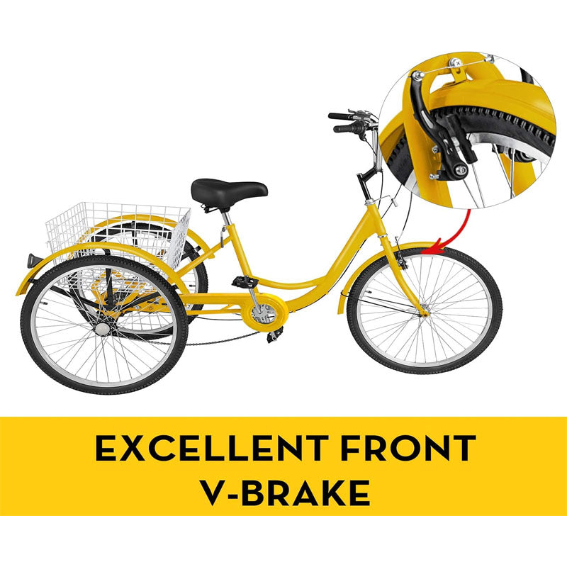 Yellow Adult Tricycle 24'' 1-Speed 3 Wheel Bikes with Bell Brake System and Basket Cruiser