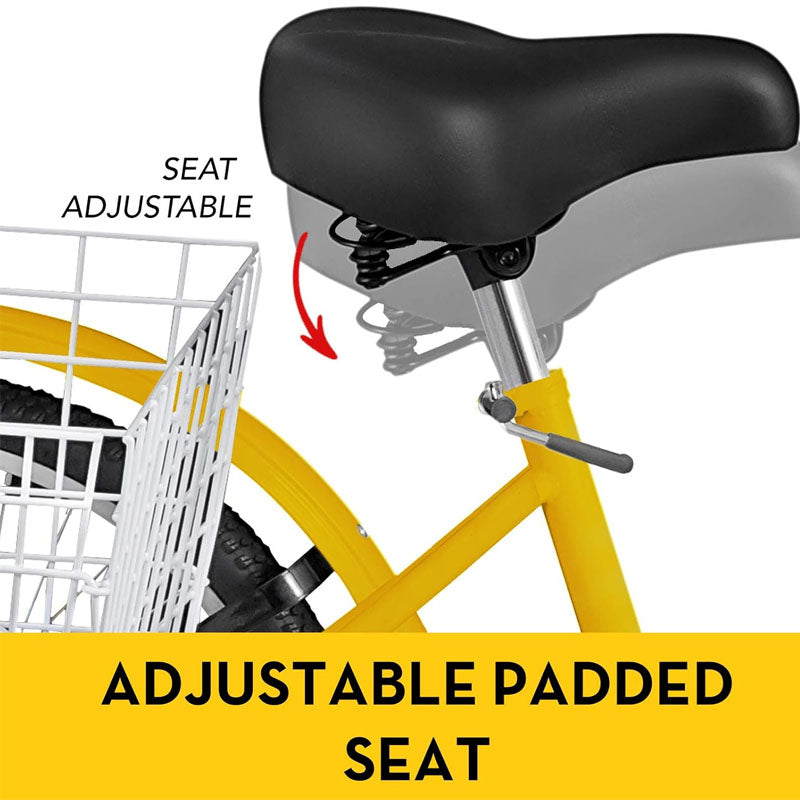 Yellow Adult Tricycle 24'' 1-Speed 3 Wheel Bikes with Bell Brake System and Basket Cruiser
