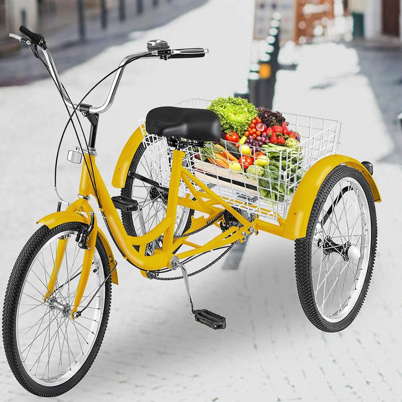 Yellow Adult Tricycle 24'' 1-Speed 3 Wheel Bikes with Bell Brake System and Basket Cruiser