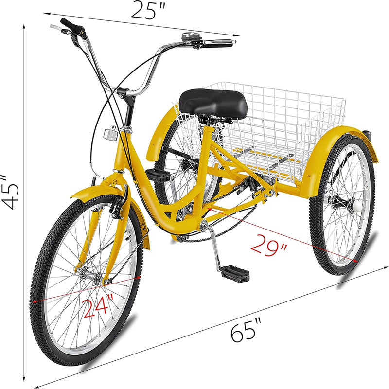Yellow Adult Tricycle 24'' 1-Speed 3 Wheel Bikes with Bell Brake System and Basket Cruiser
