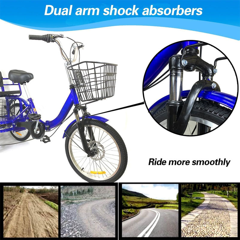 7 Speed Adult Tricycle 20 Inch 3 Wheel Bikes Folding Tricycle for Adults,for Women/Men/Seniors with front rear basket