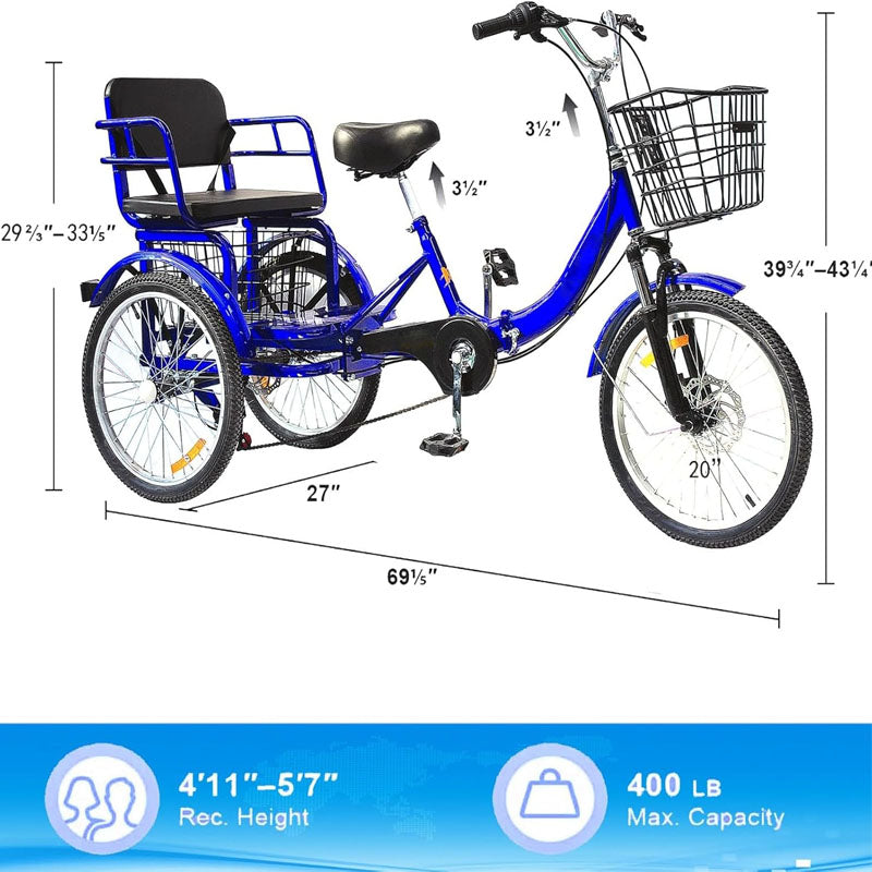 7 Speed Adult Tricycle 20 Inch 3 Wheel Bikes Folding Tricycle for Adults,for Women/Men/Seniors with front rear basket