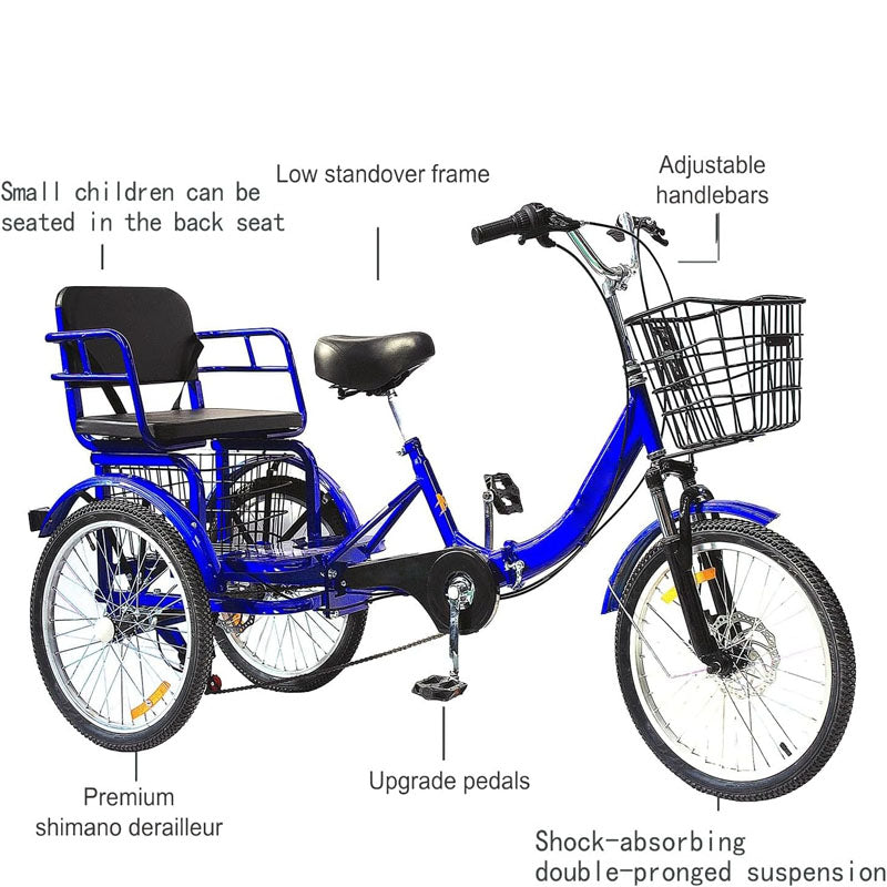 7 Speed Adult Tricycle 20 Inch 3 Wheel Bikes Folding Tricycle for Adults,for Women/Men/Seniors with front rear basket