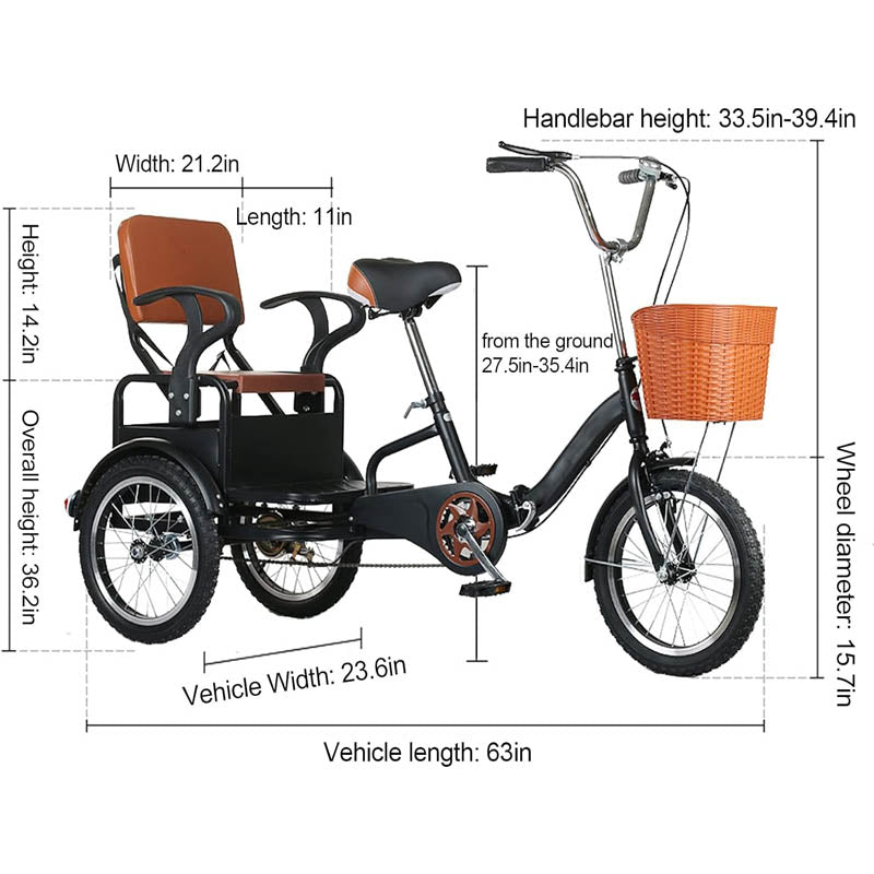 16 inch Adult Tricycle with Back Cargo Basket and Comfortable Seat Foldable Bicycle for Seniors Women Men