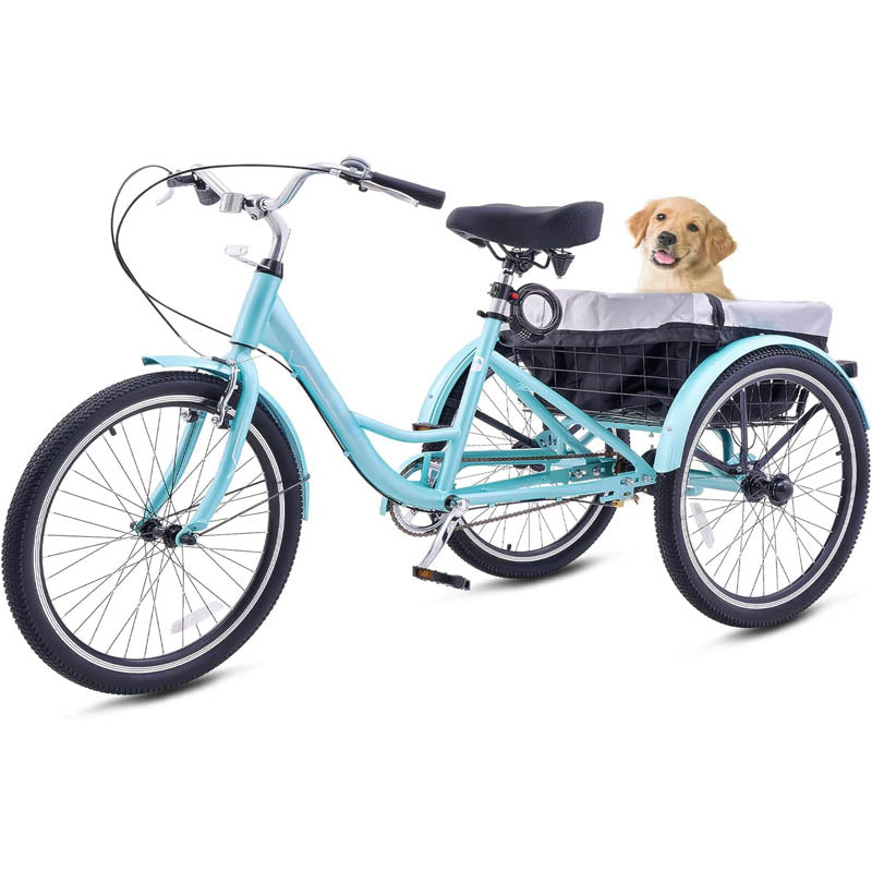 24 inch Adult Tricycle with Lock & Large Saddle Bell, Brake System and Basket for Shopping1-Speed 3 Wheel Bikes