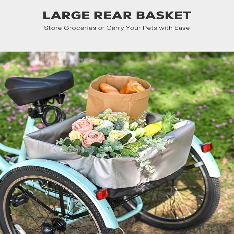 24 inch Adult Tricycle with Lock & Large Saddle Bell, Brake System and Basket for Shopping1-Speed 3 Wheel Bikes