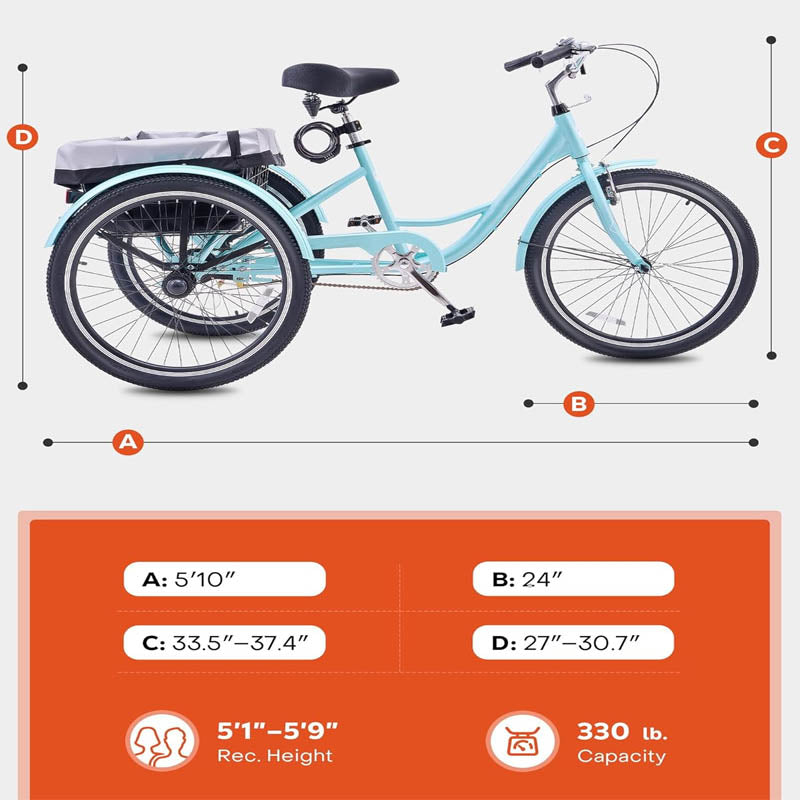 24 inch Adult Tricycle with Lock & Large Saddle Bell, Brake System and Basket for Shopping1-Speed 3 Wheel Bikes