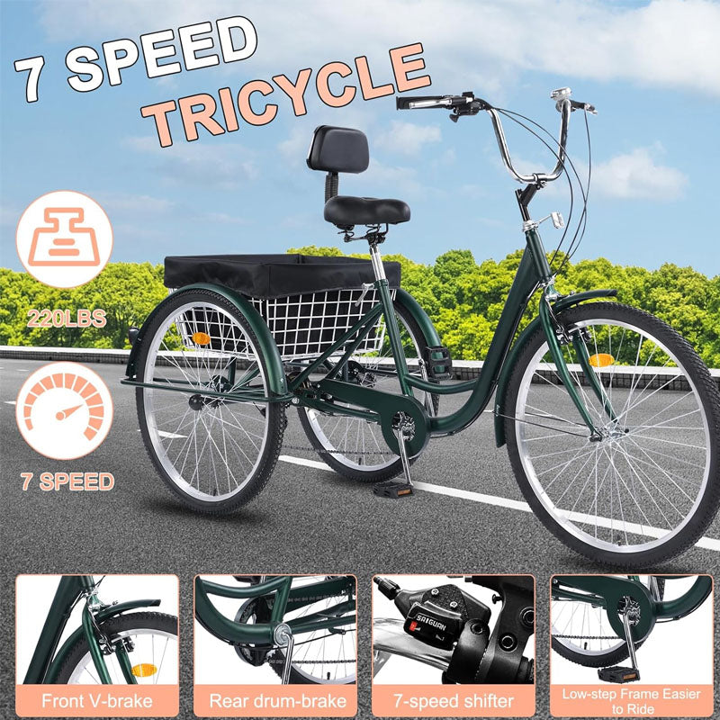Adult Tricycle 26 Inch Tricycle 7-Speed Trike with Bell and Large Basket Folding Tricycle for Recreation, Shopping, Picnics, Adult Man and Women