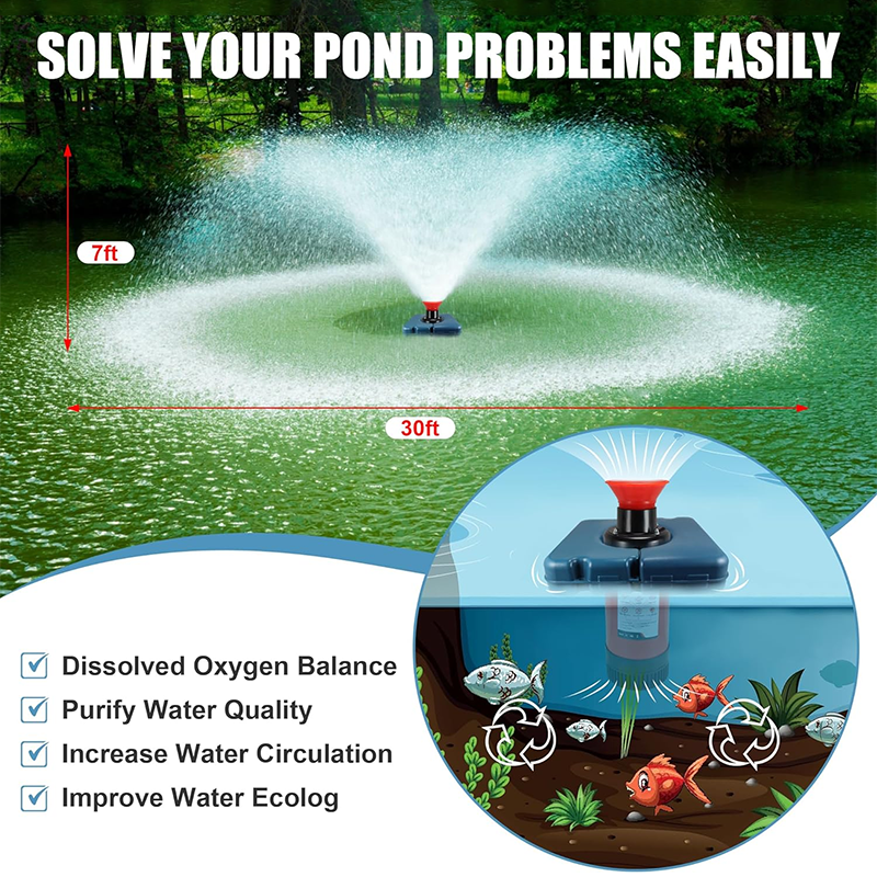 Pond & Lake Aeration System, Pond Fountain Aerator 1 HP, 220V 750KW Powerful Pond Floating Fountain with 100ft Power Cord, Pond Aeration Fountain Cascade Pump for Small Large Ponds Lakes Pond Jet System