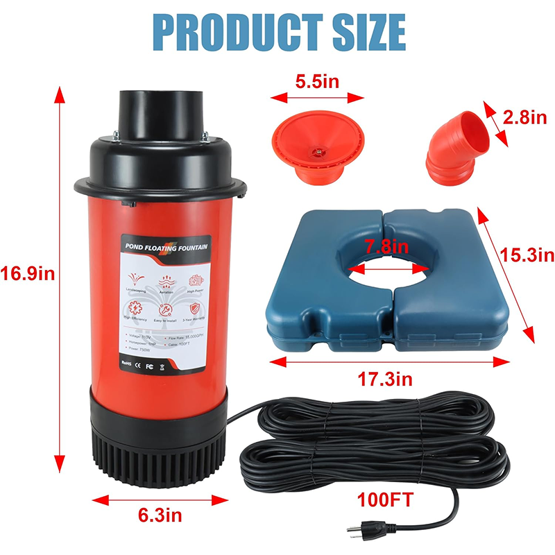 Pond & Lake Aeration System, Pond Fountain Aerator 1 HP, 220V 750KW Powerful Pond Floating Fountain with 100ft Power Cord, Pond Aeration Fountain Cascade Pump for Small Large Ponds Lakes Pond Jet System