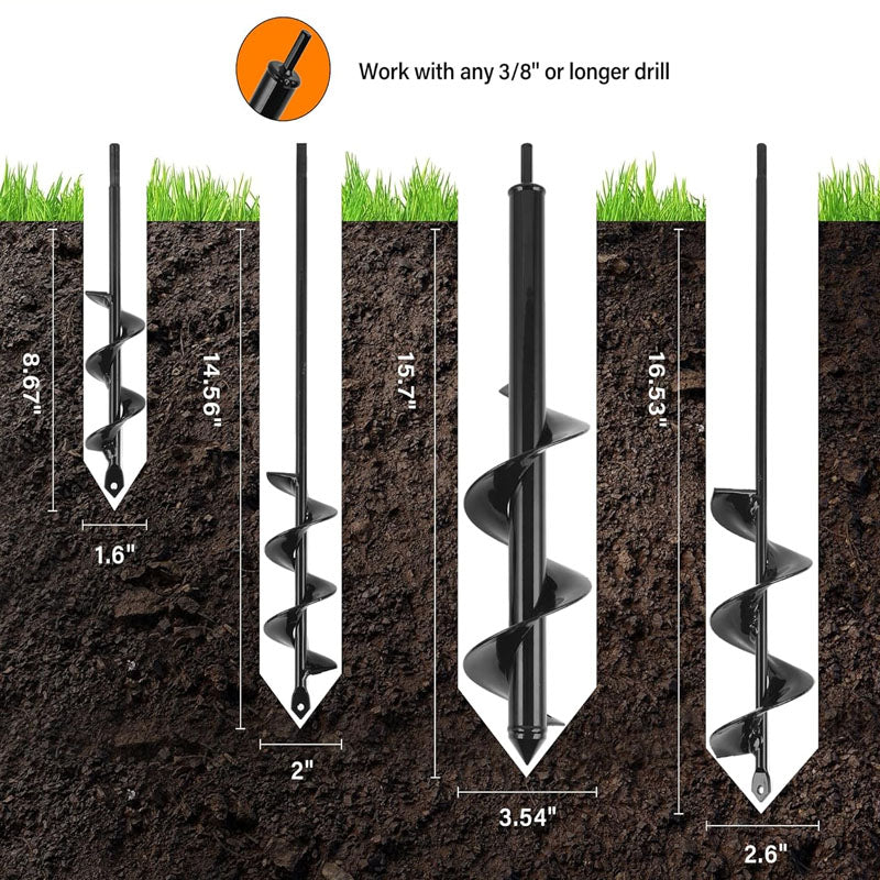 Auger Drill Bit for Planting Set of 4 for 3/8" Hex Drive Drill for Post Hole Digger Bulb Bedding Digging Plant Rapid Planter