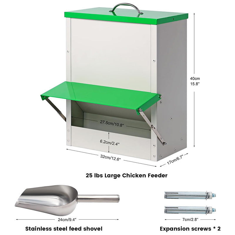 Outside Waterproof Large Chicken Coop Feeders 25lb Metal Automatic Chicken Feeders Poultry Feeder with Lid Hanging Chicken Feeder Trough for Quail Chickens Ducks