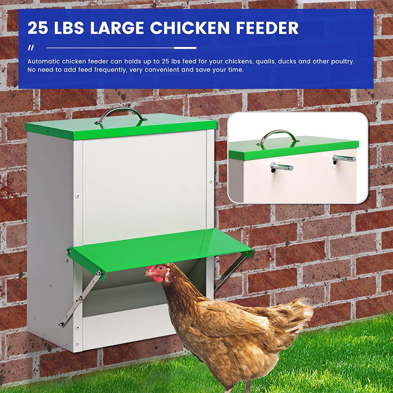 Outside Waterproof Large Chicken Coop Feeders 25lb Metal Automatic Chicken Feeders Poultry Feeder with Lid Hanging Chicken Feeder Trough for Quail Chickens Ducks
