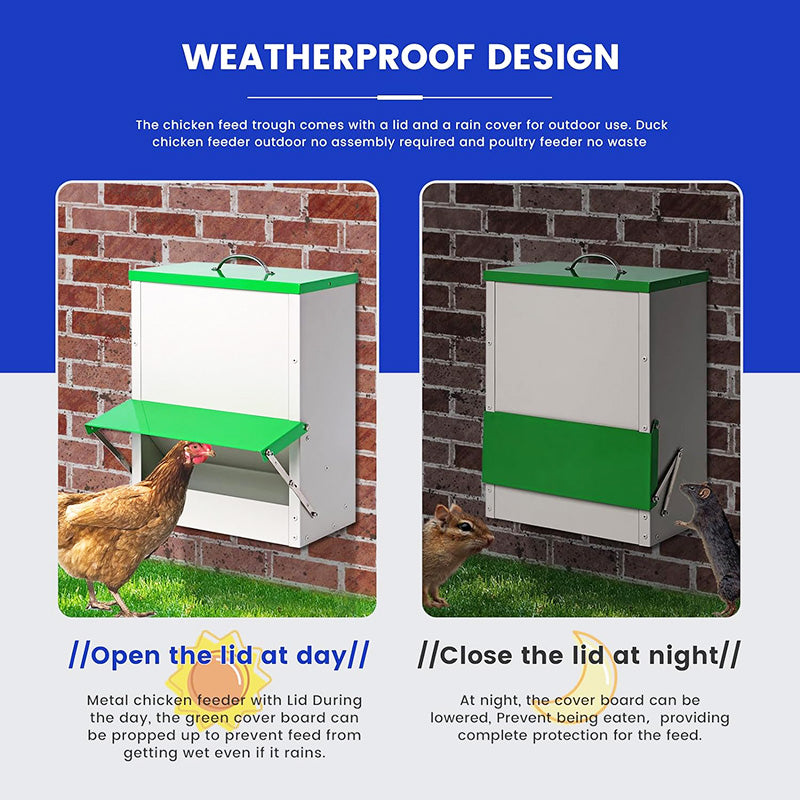 Outside Waterproof Large Chicken Coop Feeders 25lb Metal Automatic Chicken Feeders Poultry Feeder with Lid Hanging Chicken Feeder Trough for Quail Chickens Ducks