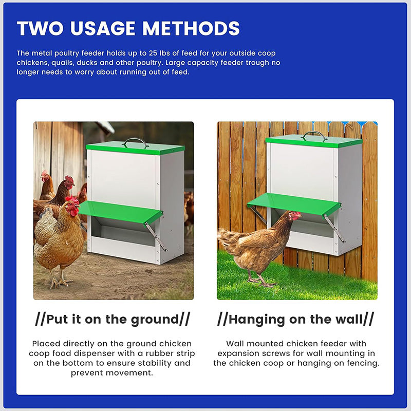 Outside Waterproof Large Chicken Coop Feeders 25lb Metal Automatic Chicken Feeders Poultry Feeder with Lid Hanging Chicken Feeder Trough for Quail Chickens Ducks