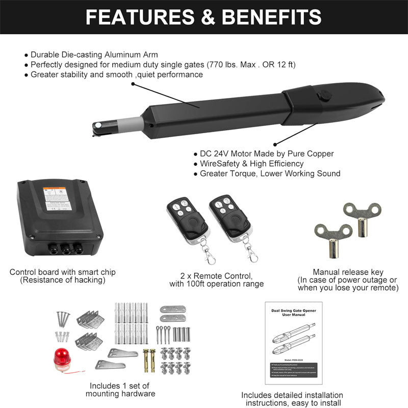 Automatic Gate Opener Electric Gate Opener Single Swing Gate Opener 16 mm/s Speed 80W Automatic Gate Openers with Remote Complete Kit Push Pull-to-Open Up