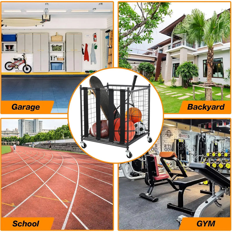 Sports Ball Storage Cart, Lockable Basketball Cage With Elastic Straps For Indoor Outdoor For Kinds Balls Gear Rack