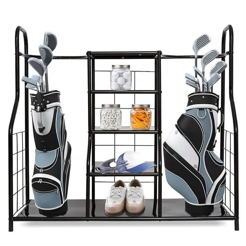 Freestanding Golf Bag Storage Rack Black Durable Organizer Club Double Fit For 2 Stand Universal Bracket Cabinet Equipment For Ball And Shoe