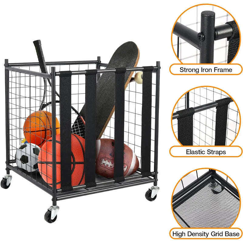 Sports Ball Storage Cart, Lockable Basketball Cage With Elastic Straps For Indoor Outdoor For Kinds Balls Gear Rack