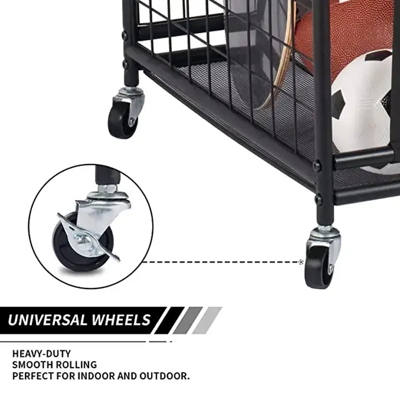 Sports Ball Storage Cart, Lockable Basketball Cage With Elastic Straps For Indoor Outdoor For Kinds Balls Gear Rack