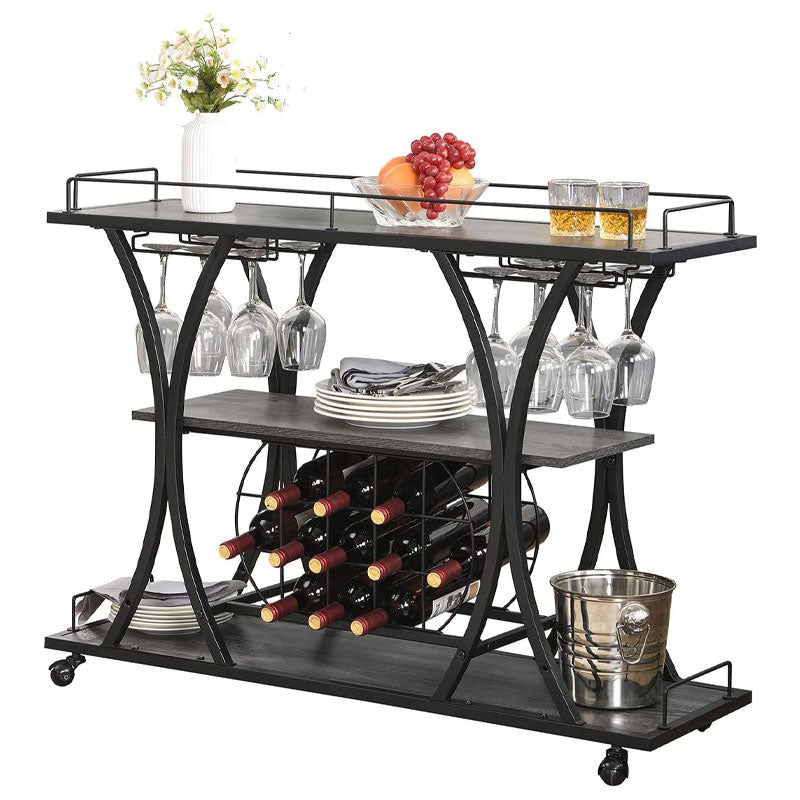 Mobile Freestanding Shelf with Wine Glass Holder, 3 Tier Wine Rack Trolley