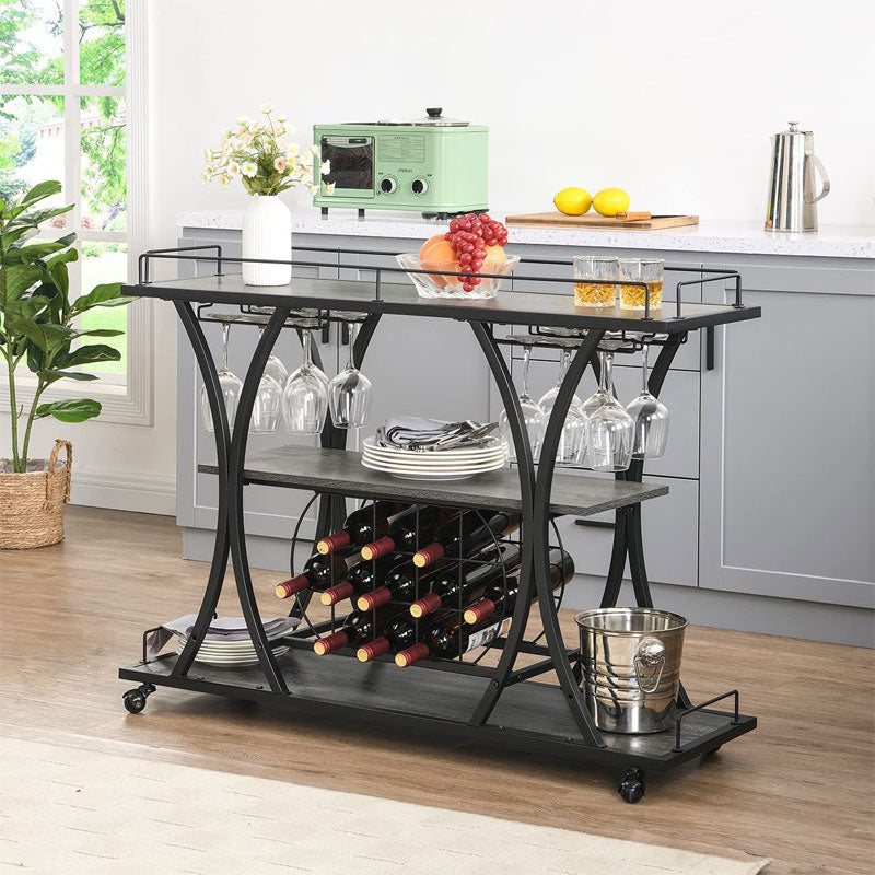 Mobile Freestanding Shelf with Wine Glass Holder, 3 Tier Wine Rack Trolley