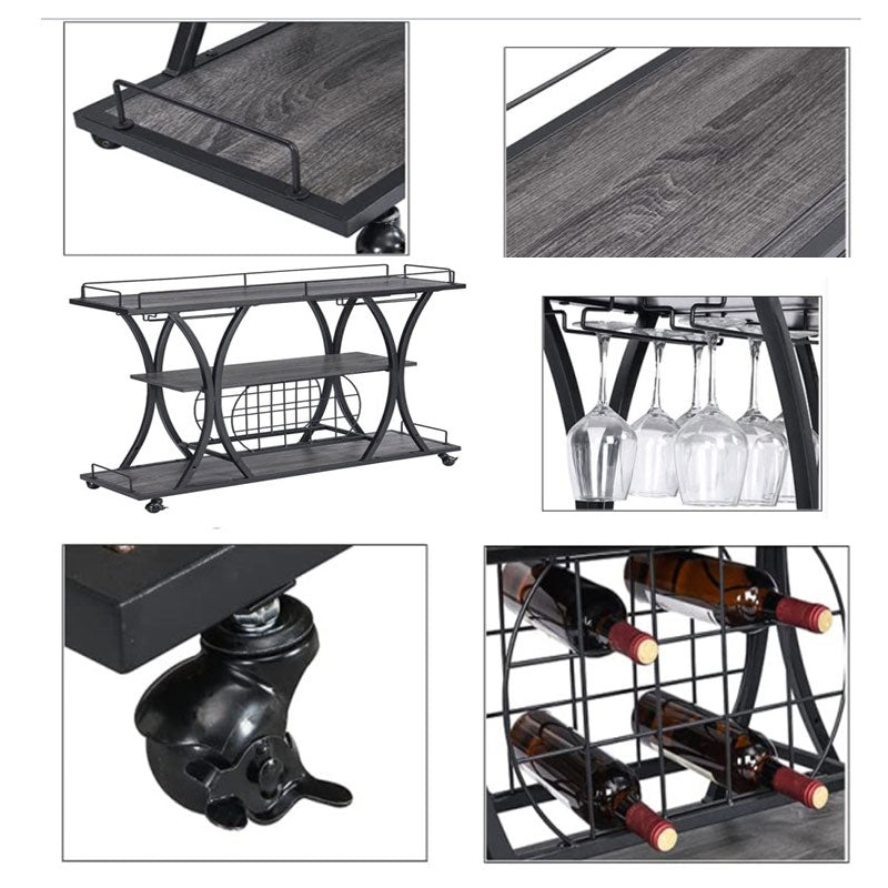 Mobile Freestanding Shelf with Wine Glass Holder, 3 Tier Wine Rack Trolley