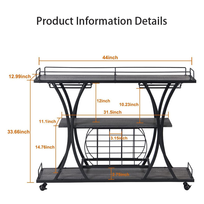 Mobile Freestanding Shelf with Wine Glass Holder, 3 Tier Wine Rack Trolley