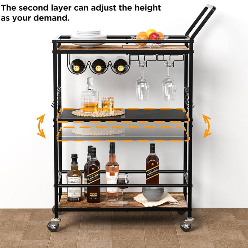 3-Tier Bar Cart, Multi-Purpose Portable Family Dining Cart, Height Adjustable