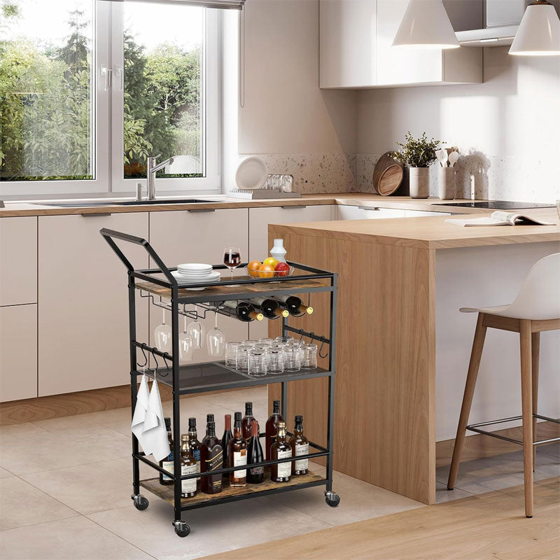 3-Tier Bar Cart, Multi-Purpose Portable Family Dining Cart, Height Adjustable