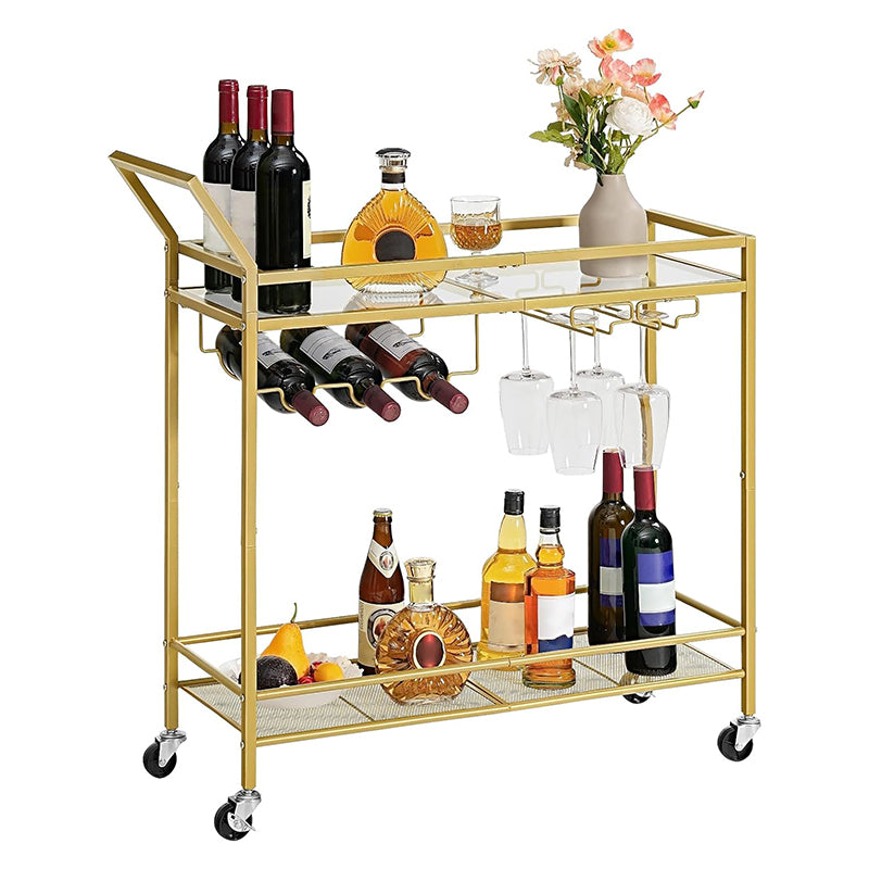 2-Tier Bar Cart Kitchen Cart with Wine Rack and Glass Holder Serving Cart with Wheels and Guard Rails for Dining Room, Living Room, Party, Bar,