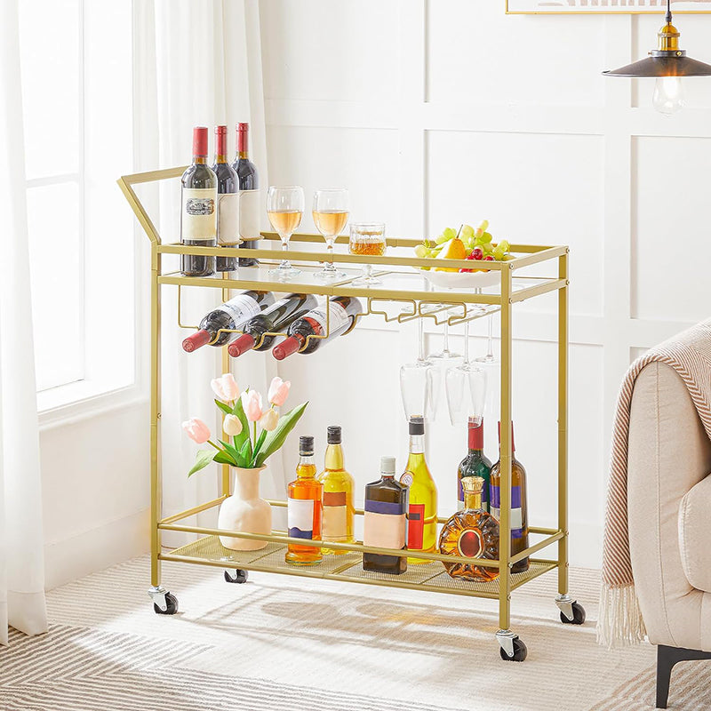 2-Tier Bar Cart Kitchen Cart with Wine Rack and Glass Holder Serving Cart with Wheels and Guard Rails for Dining Room, Living Room, Party, Bar,