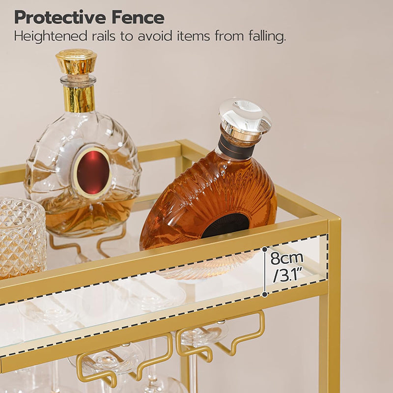 2-Tier Bar Cart Kitchen Cart with Wine Rack and Glass Holder Serving Cart with Wheels and Guard Rails for Dining Room, Living Room, Party, Bar,