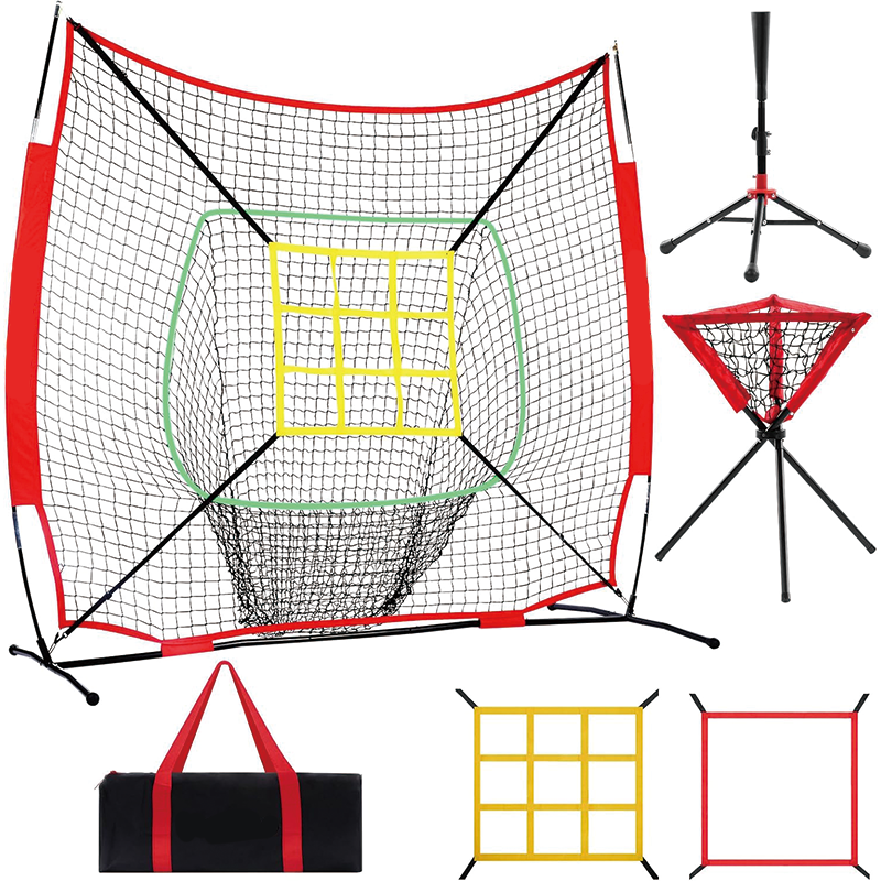 Baseball And Softball Rebounder Net, 6x6ft Portable Baseball Net with Sturdy Bow Frame,Battting Tee,Ball Caddy and 2 Strike Zones