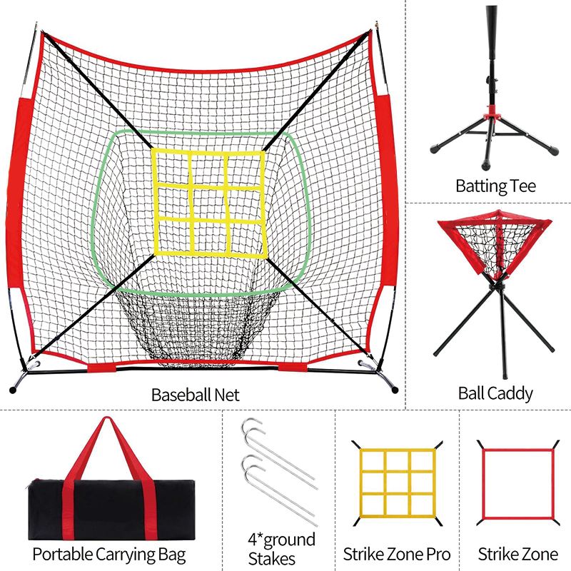 Baseball And Softball Rebounder Net, 6x6ft Portable Baseball Net with Sturdy Bow Frame,Battting Tee,Ball Caddy and 2 Strike Zones