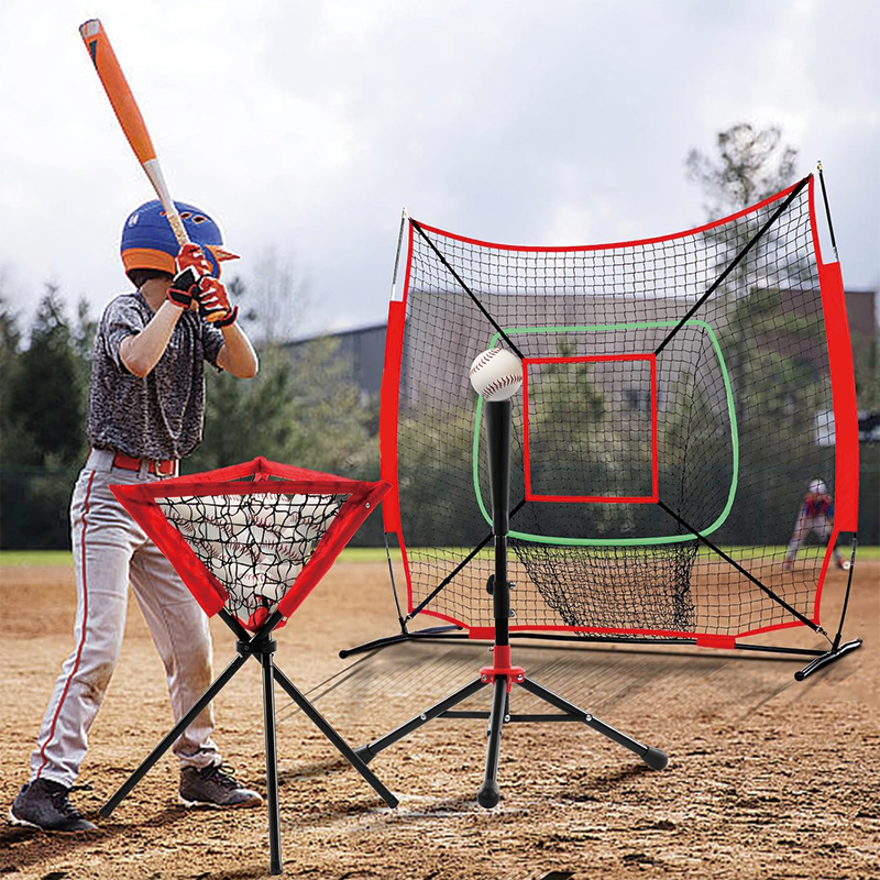 Baseball And Softball Rebounder Net, 6x6ft Portable Baseball Net with Sturdy Bow Frame,Battting Tee,Ball Caddy and 2 Strike Zones