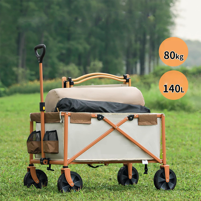 Folding outdoor travel cart, 39.4 gal (140 L), load capacity 176.4 lb (80 kg), large wheel camping cart, freestanding storage, one-touch folding, lightweight, compact, hand-held cart