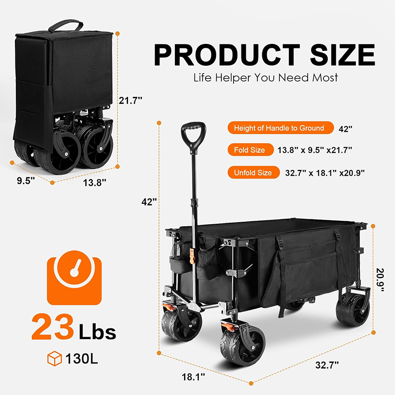 130L foldable four-wheel cart, beach cart with large wheels, practical grocery cart with side bags and brakes, suitable for camping sports outdoor activities