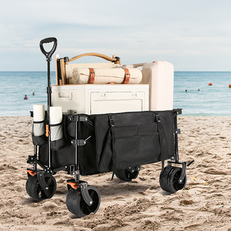 130L foldable four-wheel cart, beach cart with large wheels, practical grocery cart with side bags and brakes, suitable for camping sports outdoor activities