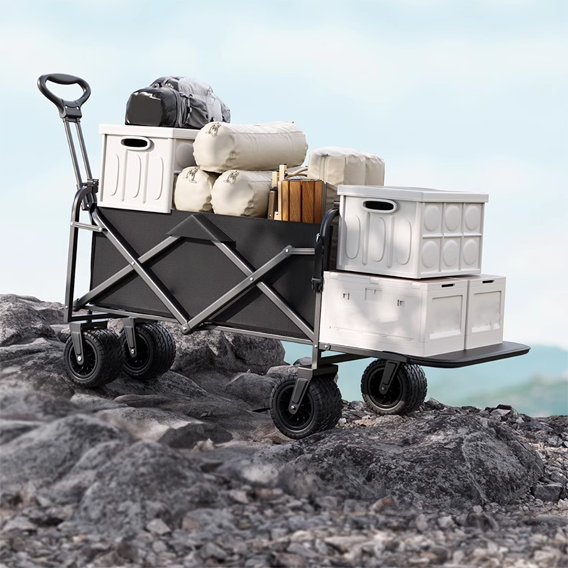 Large Black Double Brake Airplane Wheels 16cm Beach Cart, Large Wood Grain Steel Table Top