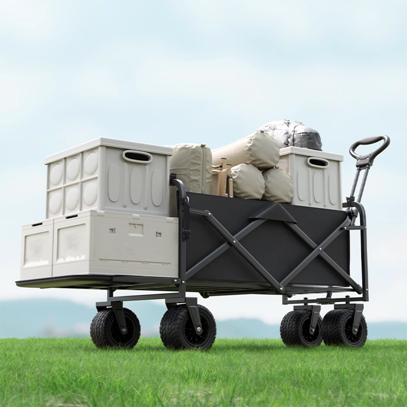 Large Black Double Brake Airplane Wheels 16cm Beach Cart, Large Wood Grain Steel Table Top