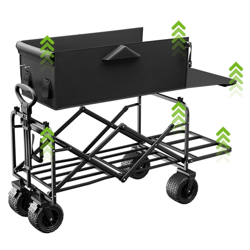 Large Black Double Brake Airplane Wheels 16cm Beach Cart, Large Wood Grain Steel Table Top