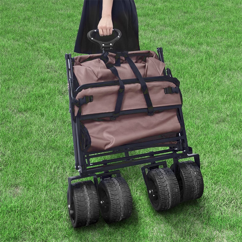 Large Black Double Brake Airplane Wheels 16cm Beach Cart, Large Wood Grain Steel Table Top